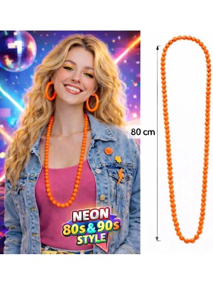 Moresun Buğz Neon Turuncu Boncuk Kolye 80 cm – Retro 80’ler 90’lar Parti Aksesuarı