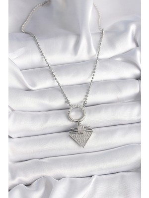 Moresun Buğz 316L Çelik Gümüş Renk Topçuk Zincir Zirkon Taşlı Üçgen Model Kadın Kolye - Buğz