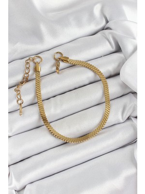 Moresun Buğz 316L Çelik Gold Renk Yassı Zincir Model Kadın Bileklik - Buğz