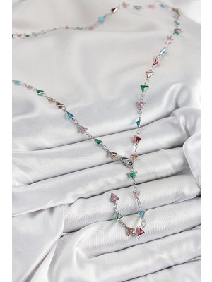 Moresun Buğz Pirinç Renkli Zirkon Taşlı Üçgen Model Gümüş Renk Kadın Y Kolye - Buğz