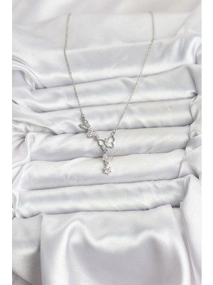 Moresun Buğz 316L Çelik Zincir Gümüş Renk Kelebek Model Kadın Kolye - Buğz