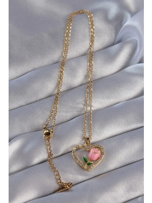 Moresun Buğz 316L Çelik Zincirli Gold Renk Zirkon Taşlı Kalp Içinde Pembe Gül Tasarımlı Kolye - Buğz
