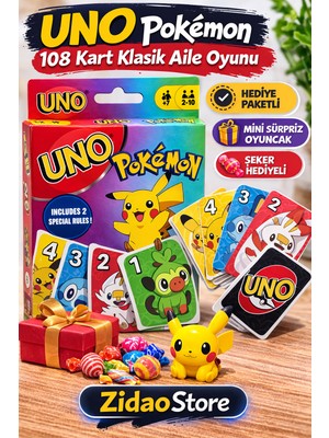 Emrah Gültekin Uno Pokemon Kart Oyunu 108 Kart Aile Oyunu Hediye Paketli Mini Sürpriz Oyuncak Şeker