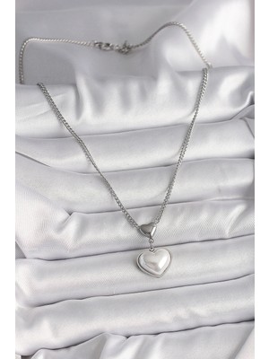 Moresun Buğz 316L Çelik Gümüş Renk Zincir 3D Kalp Model Kadın Kolye - Buğz