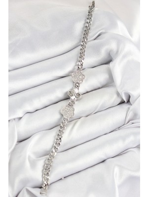 Moresun Buğz Pirinç Zirkon Taşlı Yonca Model Gümüş Renk Kadın Bileklik - Buğz