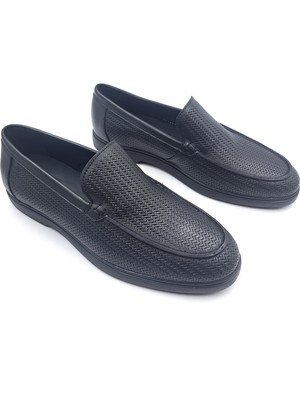 Marcomen M23038 Örgü Baskı Desenli Hakiki Deri Erkek Bağcıksız Siyah Loafer Ayakkabı