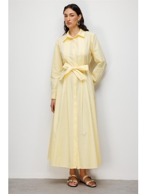 Mizalle Premium Saf Pamuk Sarı Piliseli Uzun Elbise