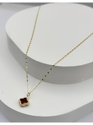 Diamine Pırlanta 14 Ayar Altın Bordo Taşlı Yonca Kolye ( 8mm )