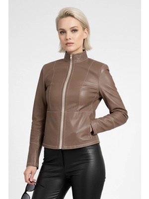 Deriderim Lara Çift Taraflı Bej Vizon Kadın Hakiki Deri Ceket Dik Yaka Fermuarlı Kısa Deri Mont