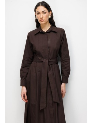 Acı Kahve Mizalle Premium Saf Pamuk Kahverengi Piliseli Uzun Elbise