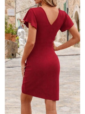 Asyahsap Kadın Uzun Kollu Volanlı Kruvaze Yaka Yanlardan Büzgülü Ithal Krep Elbise