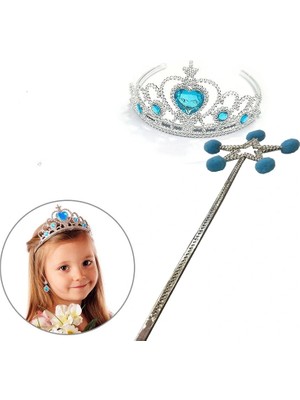 Alvo Store Buğz Mavi Ponponlu Elsa Asası ve Kalp Taşlı Elsa Tacı