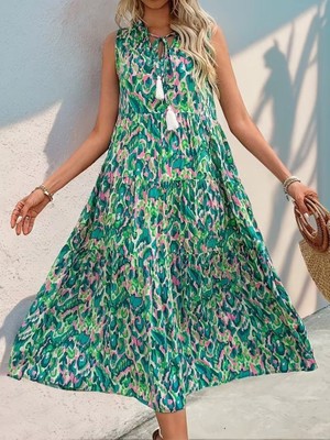 Janes Kadın Askılı Yakası Fırfırlı Bağcıklı Desenli Uzun Süprem Elbise