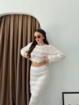 Moda Loris Kadın Uzun Kollu Kuş Gözü Transparan Detay Triko Bluz ve Maxi Boy Etek Ikili Takım