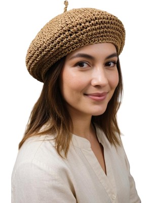 Mollycrush Kadın Camel Hasır Örgü Ressam Şapkası | Bohem El Örme Yazlık Model