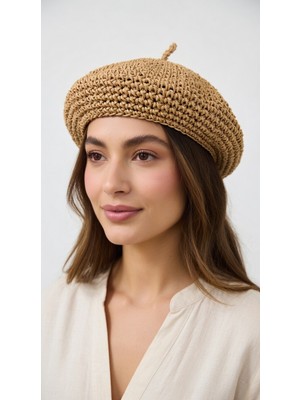 Mollycrush Kadın Camel Hasır Örgü Ressam Şapkası | Bohem El Örme Yazlık Model