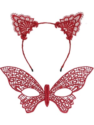 Alvo Store Buğz Gösterişli Kırmızı Dantel Maske ve Taç Seti 7 No – Masquerade ve Davetler Için - Buğz