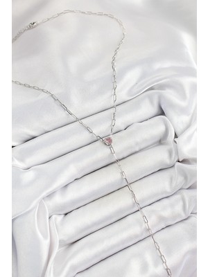 Alvo Store Buğz Pirinç Zirkon Taşlı Pembe Kalp Figürlü Y Model Gümüş Renk Kadın Kolye - Buğz