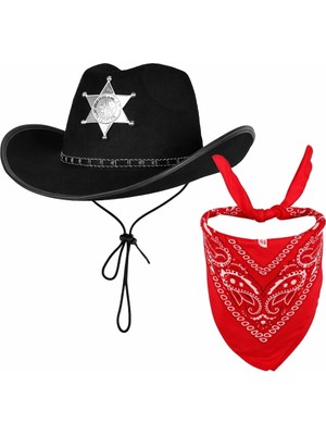 Alvo Store Buğz Çocuk Kovboy Şapka Rozetli Siyah  Kırmızı Bandana Seti - Buğz