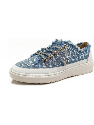 Gdt Ayakkabı Mavi Renk Taş Betaylı Bağcıklı Düz Taban 36-37-38-39-40 Numara Kadın Kot Sneakers