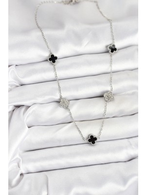 Alvo Store Buğz 316L Çelik Zincir Gümüş Renk Siyah ve Zirkon Taşlı Baby Boy Yonca Kadın Kolye - Buğz