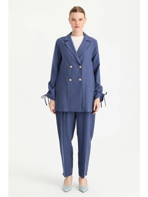 Esswaap Kolu Büzgü Detaylı Pantolonlu Takım  Indigo