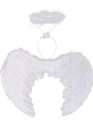 Alvo Store Buğz Beyaz Renkli Tüylü Bebek Melek Kanadı ve Tacı 30X45 cm