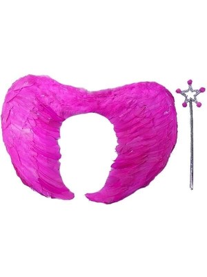 Alvo Store Buğz Gerçek Tüylü Katlanabilir Çocuk Pembe Melek Kanadı ve Asa Seti 40X55 cm