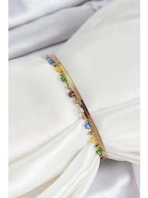 Alvo Store Buğz 316L Çelik Gold Renk Karışık Renkli Kristal Taşlı Kadın Bileklik - Buğz
