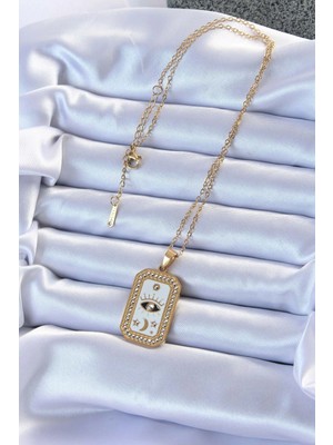 Alvo Store Buğz 316L Çelik Zincir Altın Renk Mineli Zirkon Taşlı Göz Figür Tarot Kolye - Buğz