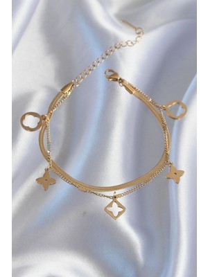 Alvo Store Buğz 316L Çelik Gold Renk Çift Zincir Yonca Tasarım Bileklik - Buğz