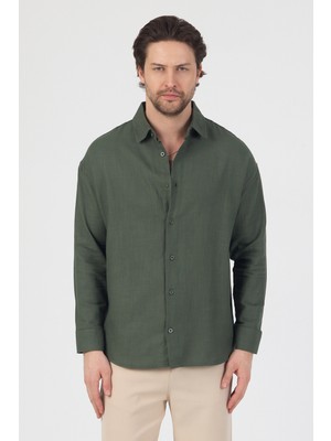 Danger Erkek Pamuklu Keten Görünümlü Gömlek Haki