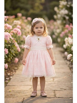 Pamina Kız Bebek Bandanalı Dantelli Elbise Pudra 36315