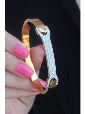 Alvo Store Buğz 316L Çelik Gold Renk Zirkon Taşlı Kadın Kelepçe - Buğz