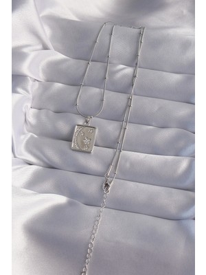 Alvo Store Buğz 316L Çelik Zincir Gümüş Renk Zirkon Taşlı Ay Yıldız Figürlü Tarot Kolye - Buğz