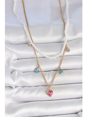 Alvo Store Buğz 316L Çelik Gold Renk 2'li Inci Zincir Model Pembe Taşlı Kalp Figür Nazar Boncuk Detay Kadın Kolye - Buğz