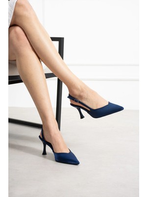Shoetek Awsa Kadın Topuklu Arkadan Bantlı Tokalı Ince Topuklu Lacivert Saten