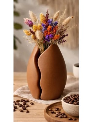 Mescolare Kahve Çekirdeği Tasarımlı Dekoratif Vazo | 3D Baskı Pla Modern Masaüstü Çiçeklik 14 cm