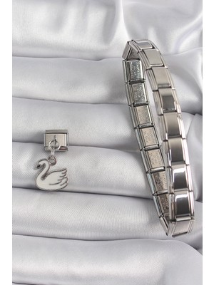 Alvo Store Buğz 316L Çelik Gümüş Renk Sallantı Beyaz Kuğu Model Nomination Charm - Buğz