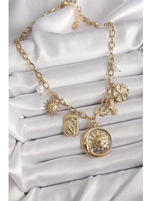 Alvo Store Buğz 316L Çelik Gold Renk Halka Zincir Sallantı Ay Güneş Figür Kuş Detay Kadın Kolye - Buğz