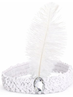 Alvo Store Buğz Beyaz Tüylü Retro Çarliston Saç Bandı - 70-80-90’lar Parti Tacı - Buğz