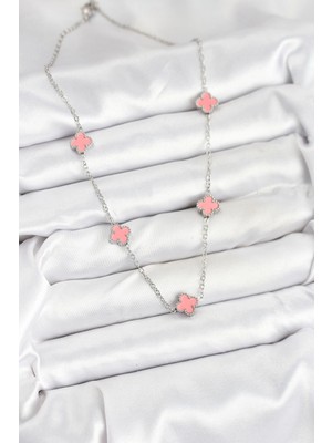 Alvo Store Buğz 316L Çelik Zincir Gümüş Renk Pembe Baby Boy Yonca Kadın Kolye - Buğz
