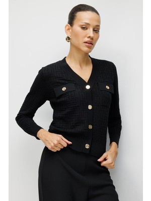 On Kadın Kapak Cepli V Yaka Hırka 70913 Siyah