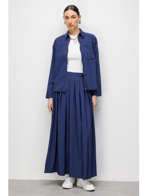 Mizalle Teknik Kumaş Fermuarlı Lacivert Ceket Gömlek