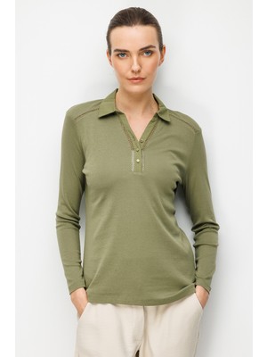 Desen Triko Kadın Polo Yaka Iğne Işlemeli Pamuklu Penye Bluz 26806 Haki