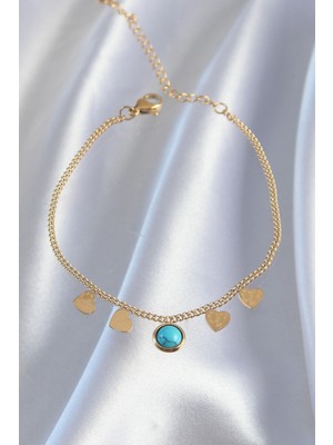 Alvo Store Buğz 316L Çelik Gold Renk Minimal Kalpli Mavi Taş Detaylı Bileklik - Buğz