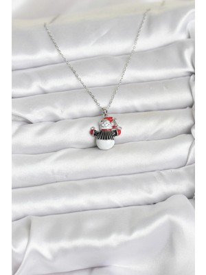Alvo Store Buğz 316L Çelik Zincir Gümüş Renk Kardan Adam Figürlü Yılbaşı Temalı Kadın Kolye - Buğz