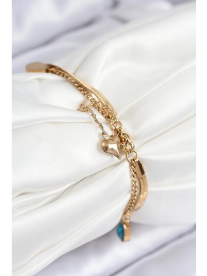 Alvo Store Buğz 316L Çelik Nazar Boncuk Detaylı Mavi Zirkon Taşlı Model Italyan Zincir Gold Renk Kadın Bileklik - Buğz