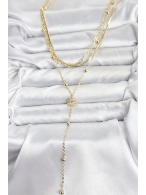 Alvo Store Buğz Pirinç Gold Renk Kutup Yıldızı Model Detaylı 3'lü Kombin Y Kadın Kolye - Buğz