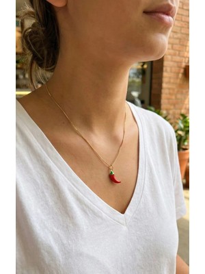 Alvo Store Buğz Pirinç Gold Renk Kırmızı Kapya Biber Model Kadın Kolye - Buğz